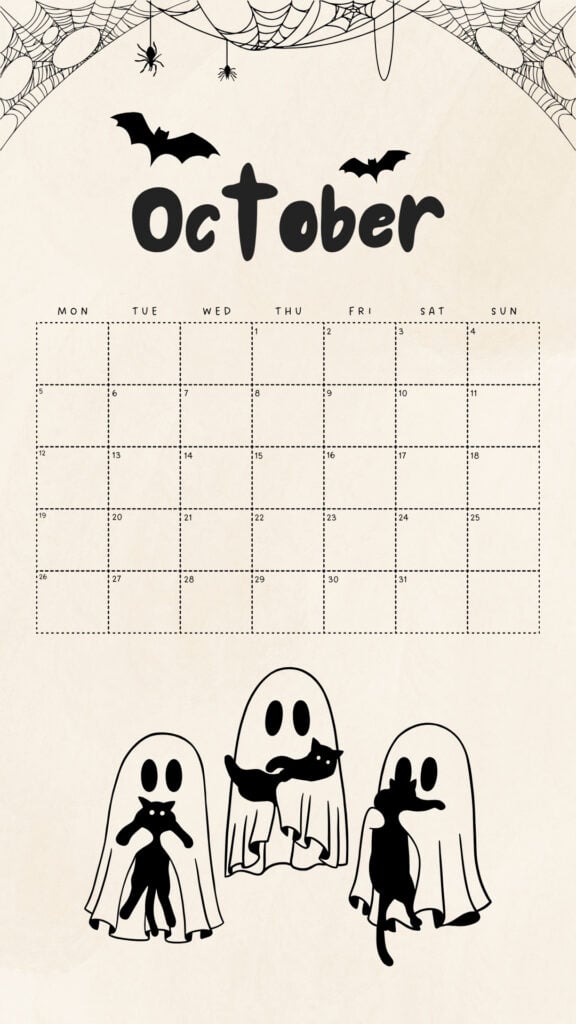 Ghost and Black Cat October Calendar Wallpaper