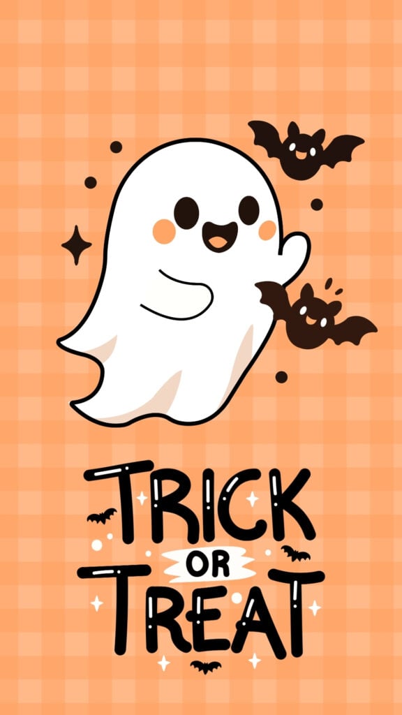 Orange Gingham Ghost and Bat Trick-or-Treat Wallpaper