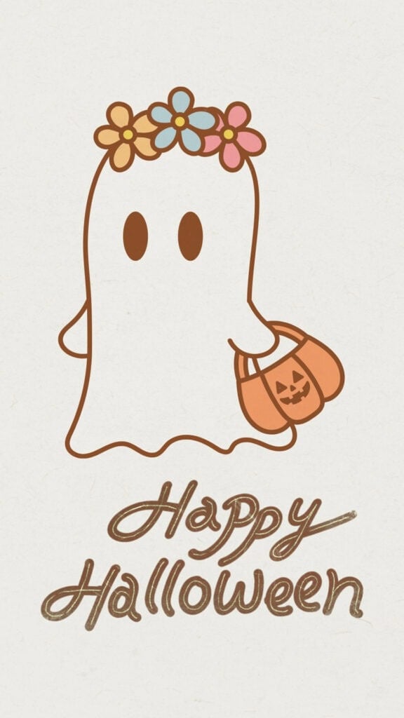 Cute ghost wearing a flower crown and carrying a pumpkin treat bag