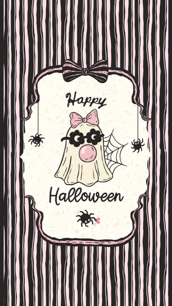 Cute masked ghost with a pink bow, spiders and web details