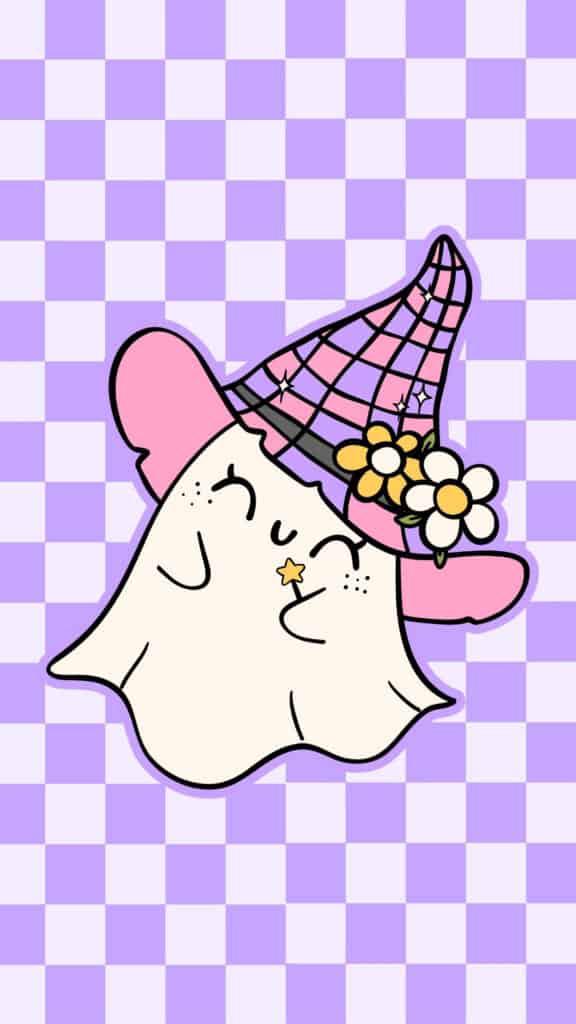 Cute ghost wearing a pink witch hat on a lavender checkerboard