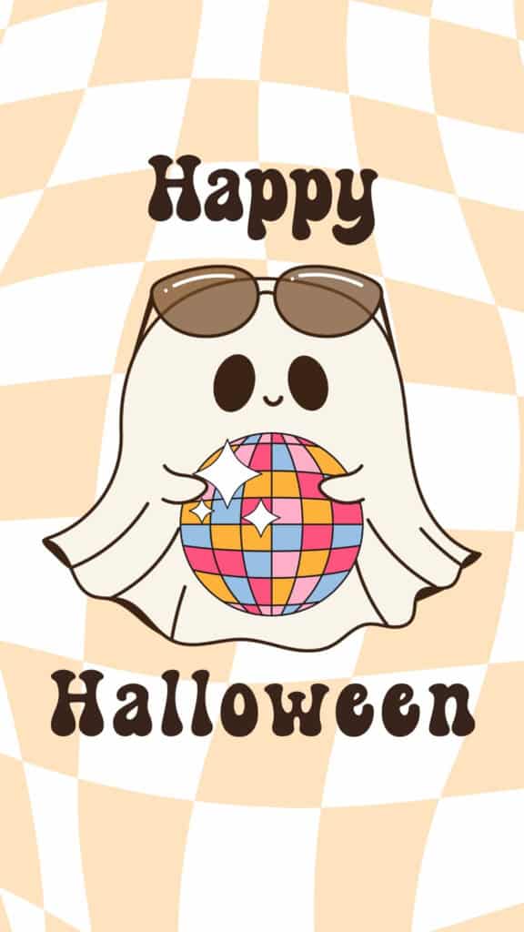 Cute ghost in sunglasses holding a colorful disco ball