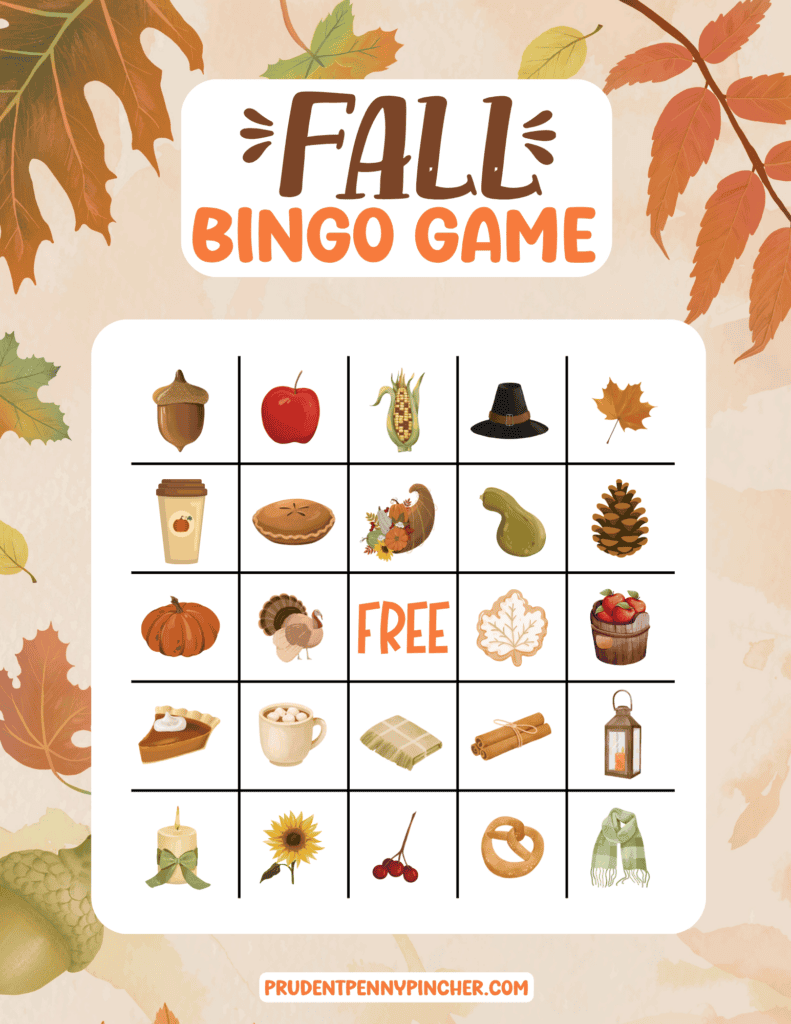 Free printable fall bingo card with colorful autumn pictures for kids