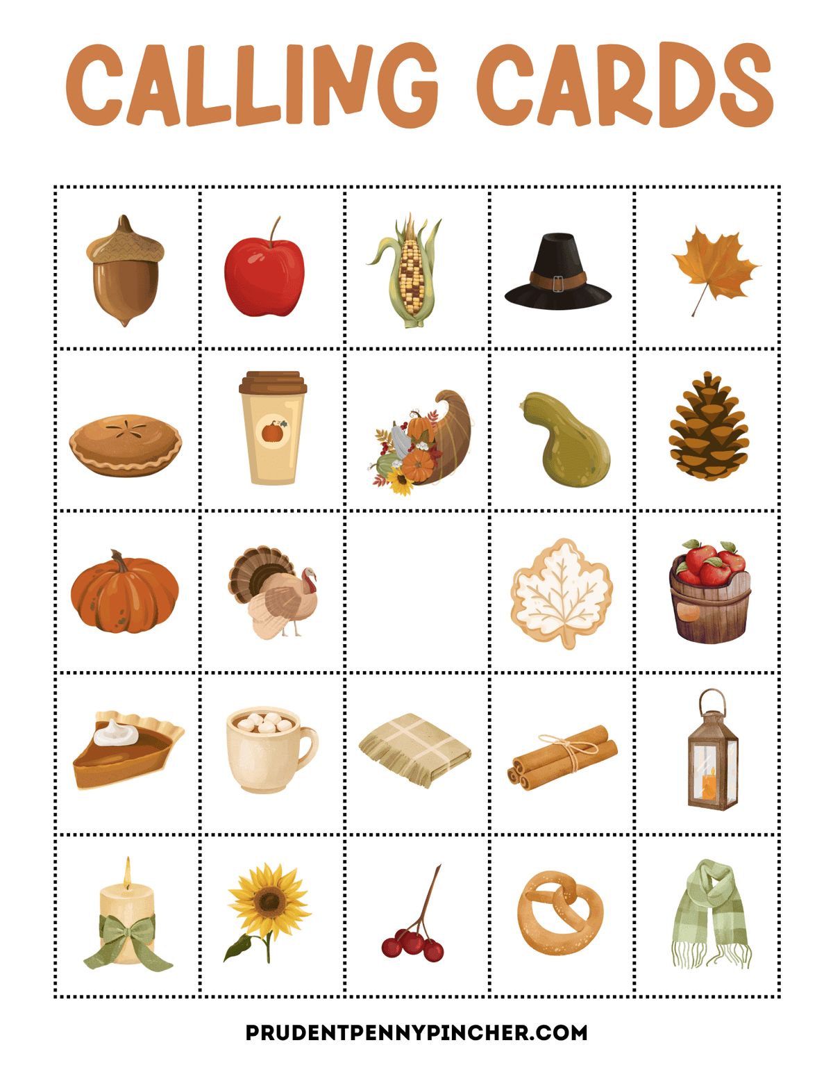 Fall-themed picture calling cards with acorn, apple, pumpkin, leaves, and other autumn icons