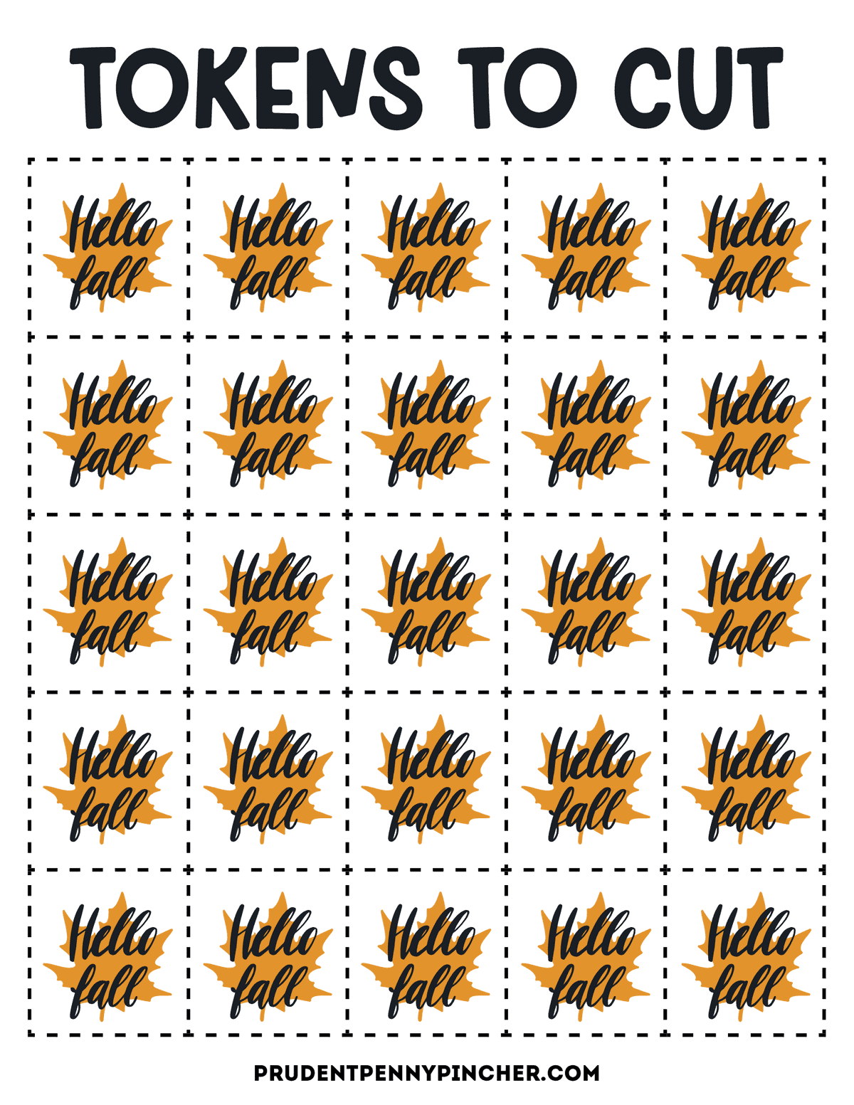 Printable fall bingo tokens featuring orange maple leaves with