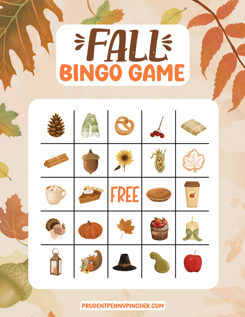 Fall bingo printable for kids with pumpkins, leaves, apples, and autumn images