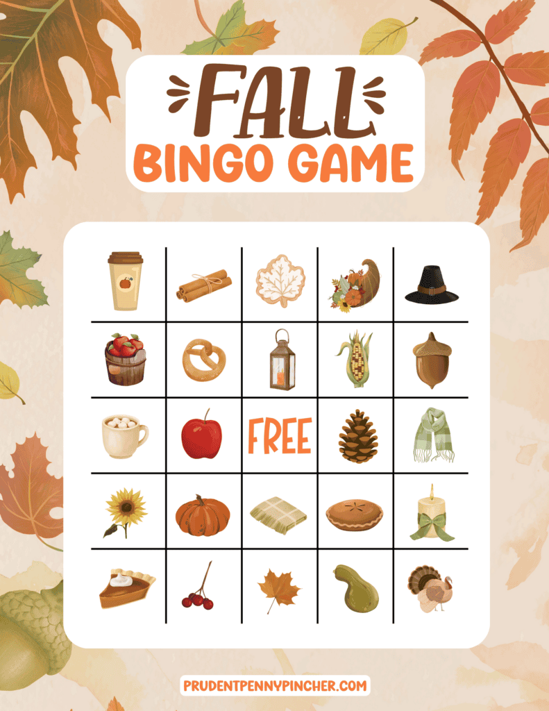 bingo card for kids featuring pumpkins, apples, leaves, and harvest images