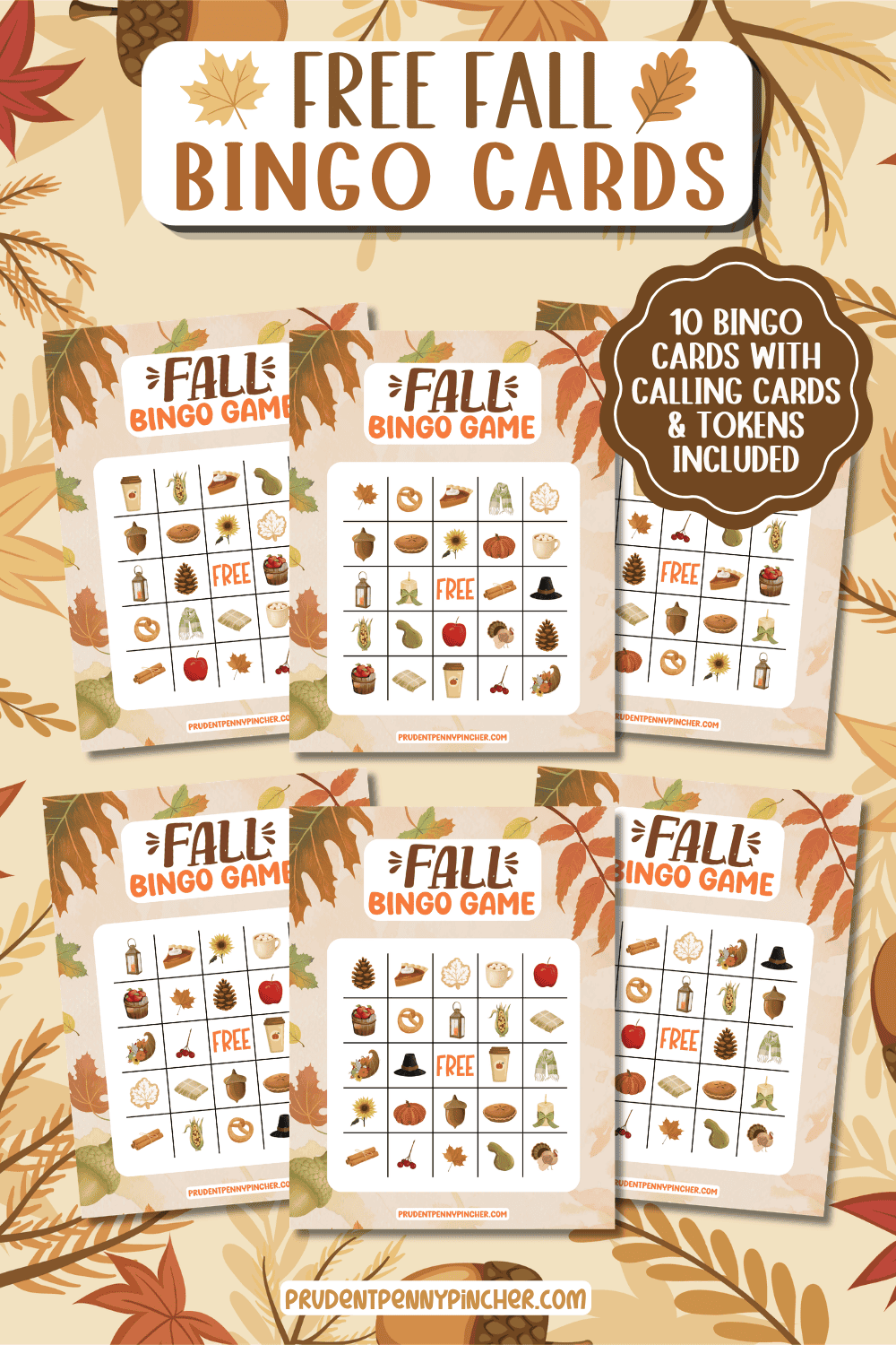 Free printable fall bingo cards on a fall leaves background.