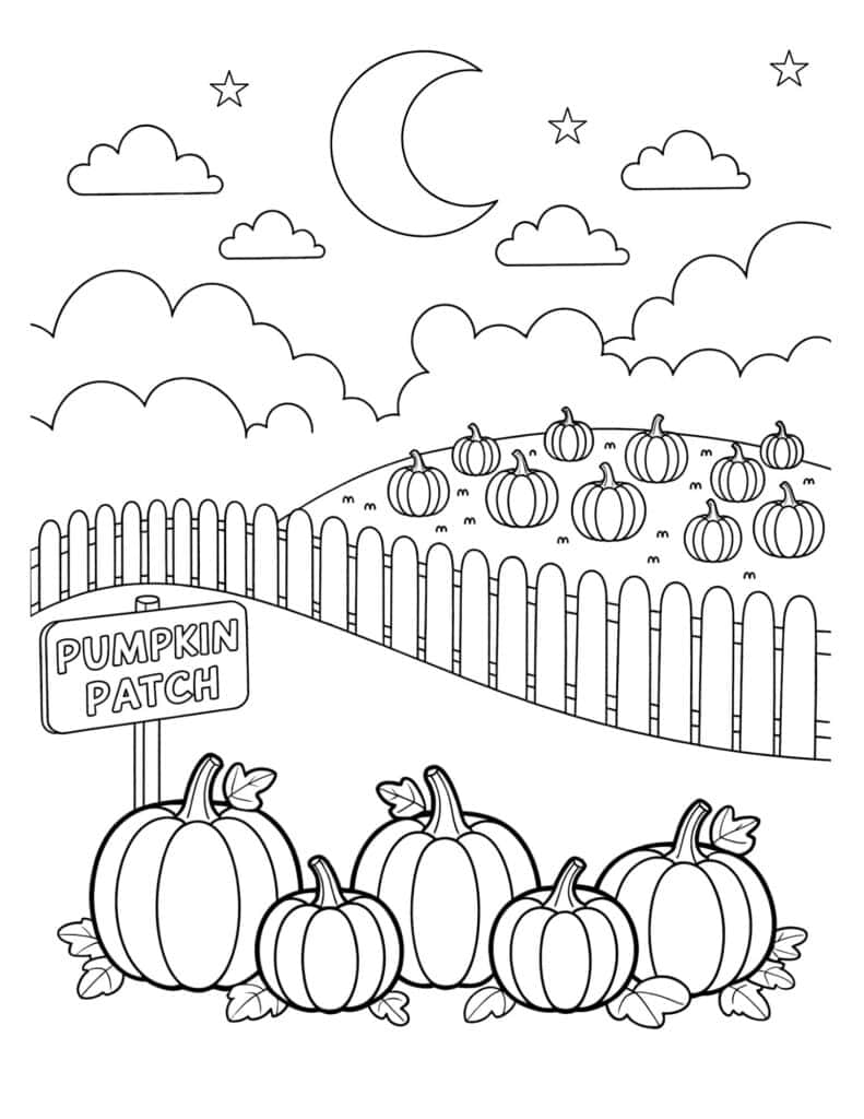 Moonlit pumpkin patch fall coloring page