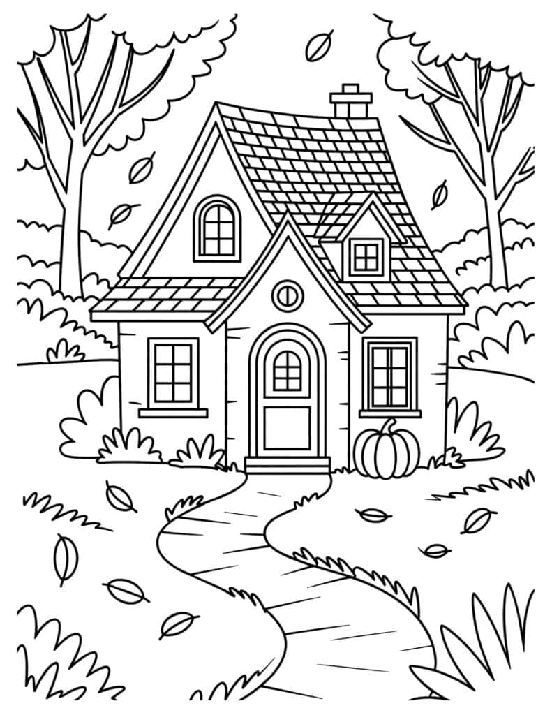 Cozy autumn cottage with falling leaves coloring page