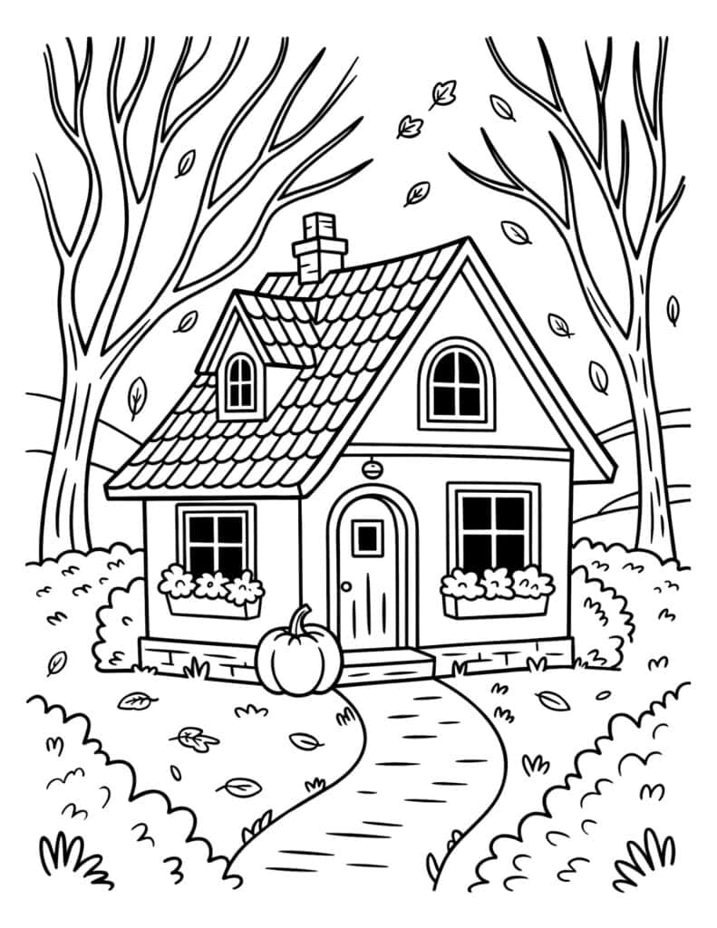 Fall cottage coloring page