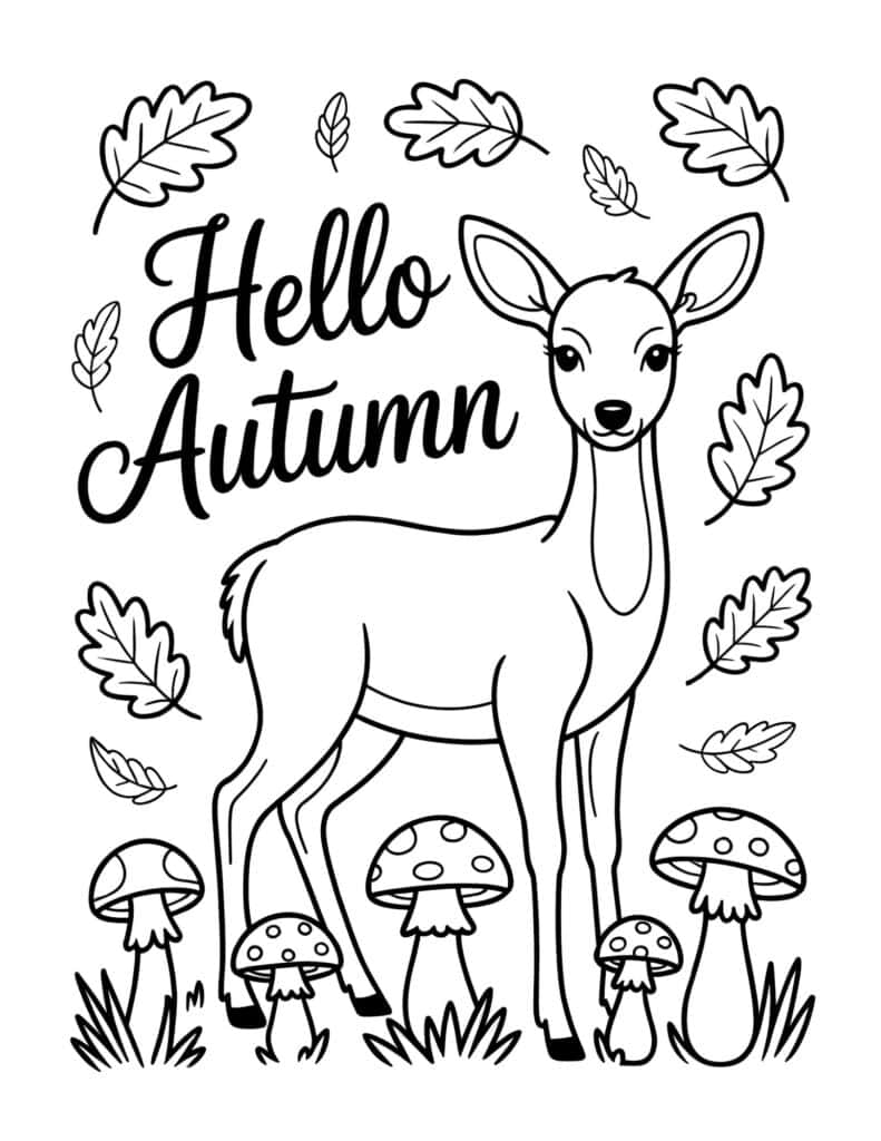 Hello Autumn deer and mushrooms coloring page