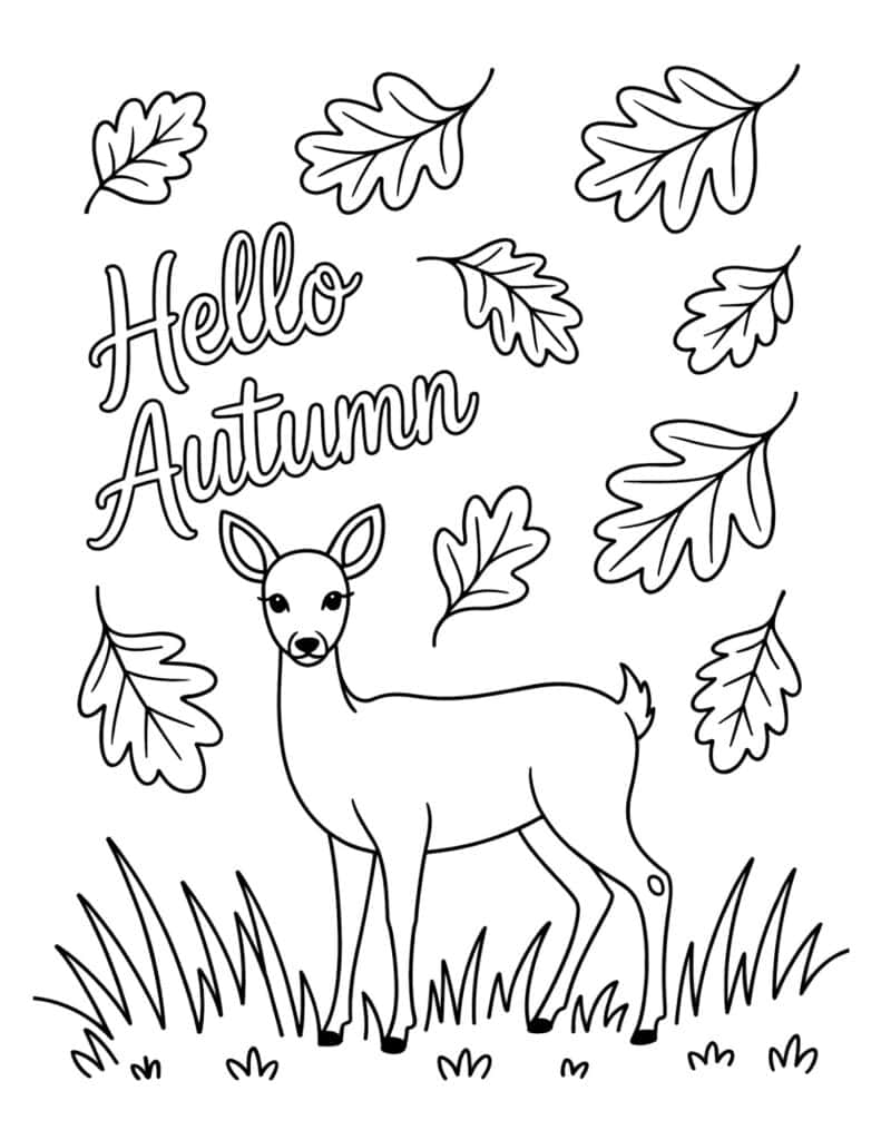 Young deer surrounded by oak leaves coloring page