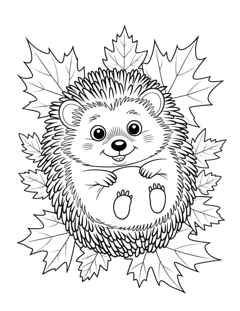 Cute hedgehog in a pile of leaves coloring page