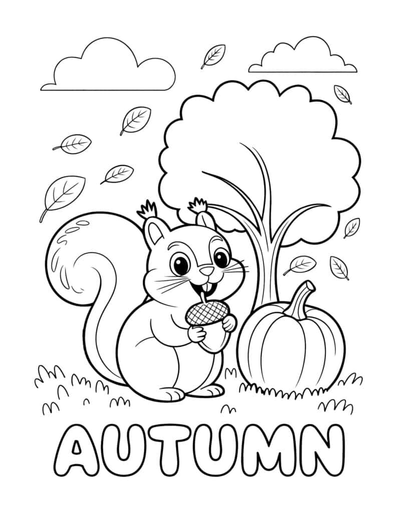 Autumn squirrel with an acorn and pumpkin