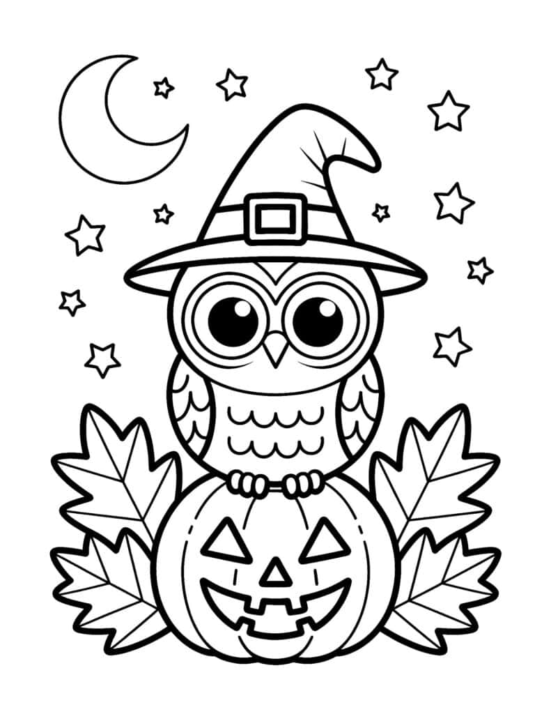 Halloween owl with witch hat and jack-o'-lantern