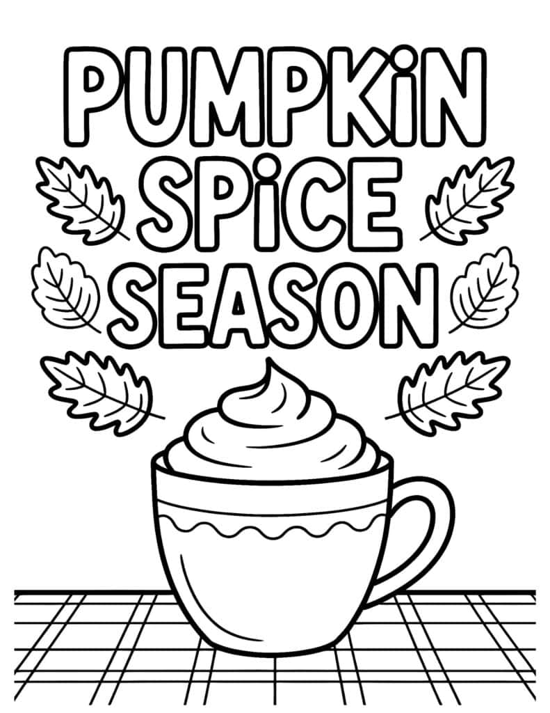 Pumpkin spice season mug with fall leaves coloring page