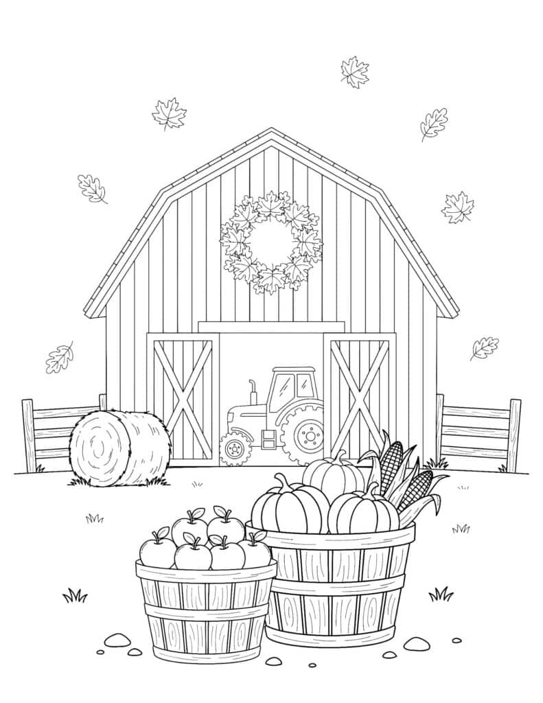 Fall farm coloring page with barn, tractor, apples, and pumpkins