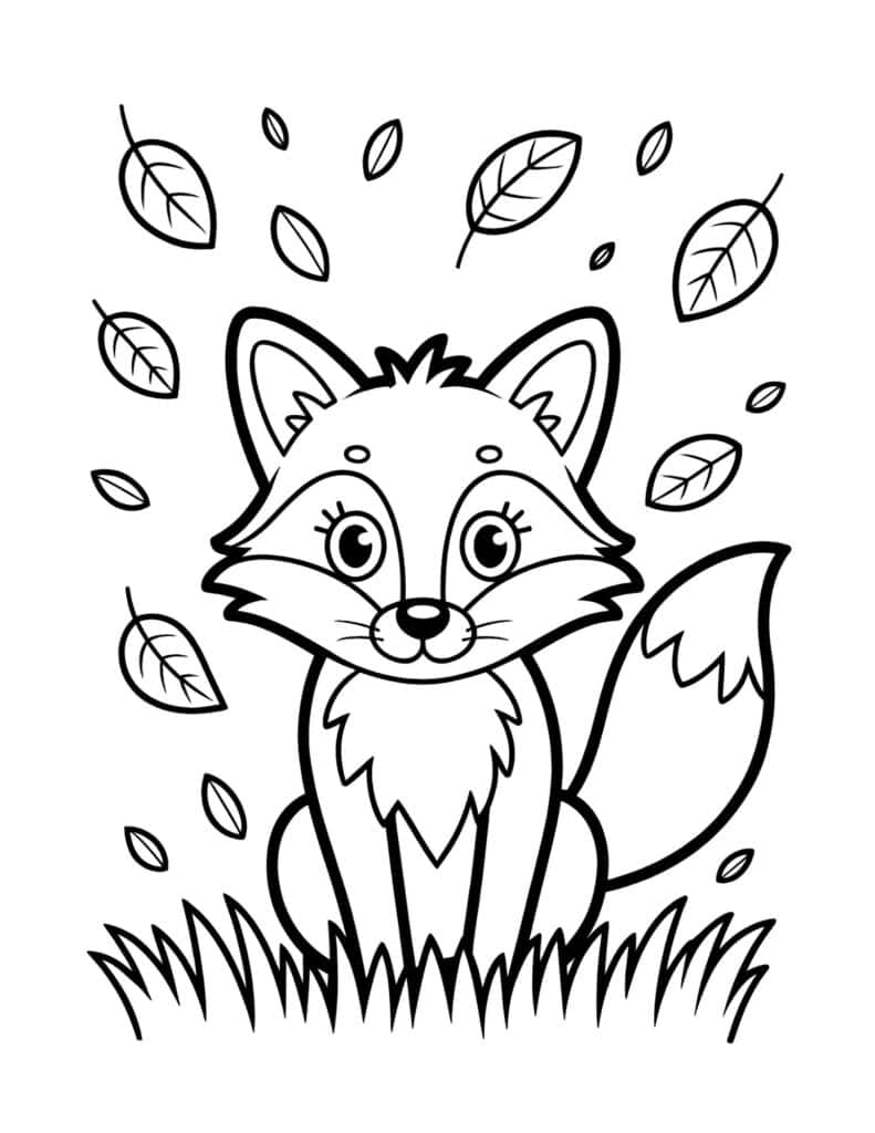 Cute fox with falling leaves coloring page