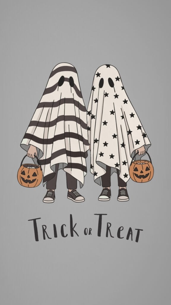 Two sheet-ghost trick-or-treaters carrying orange pumpkin buckets