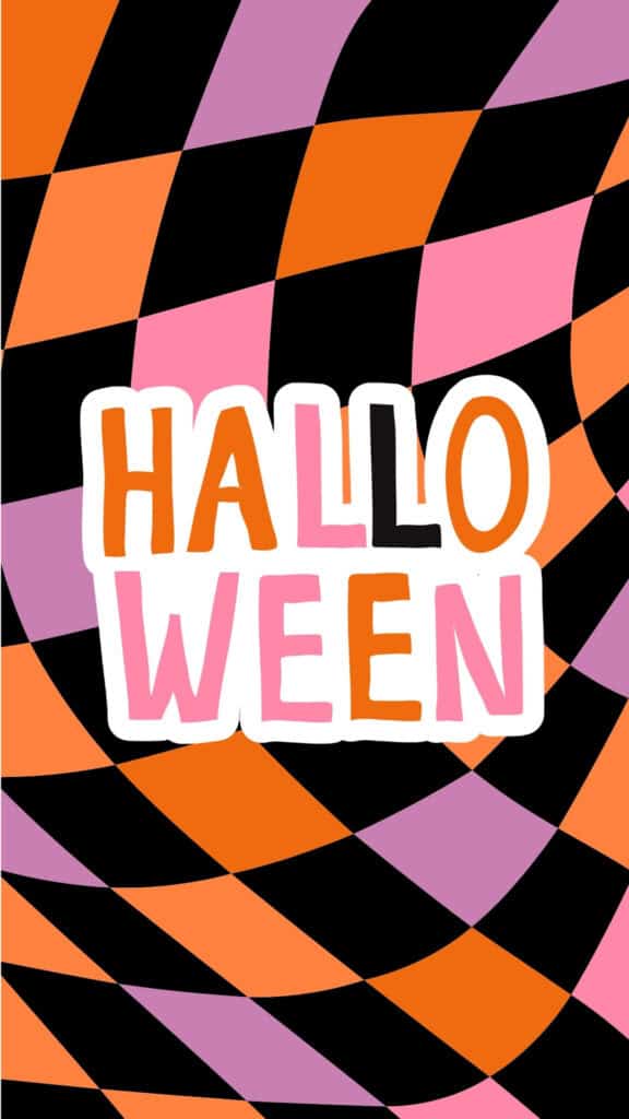 Halloween lettering over a warped orange, pink and black checkerboard
