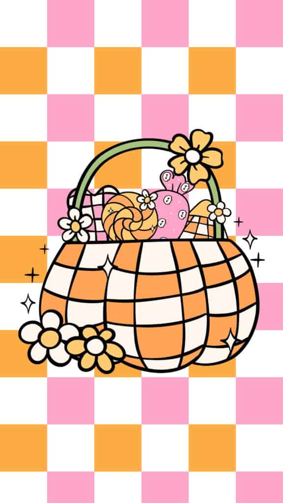 Orange checkerboard pumpkin basket with pink squares and daisy accents