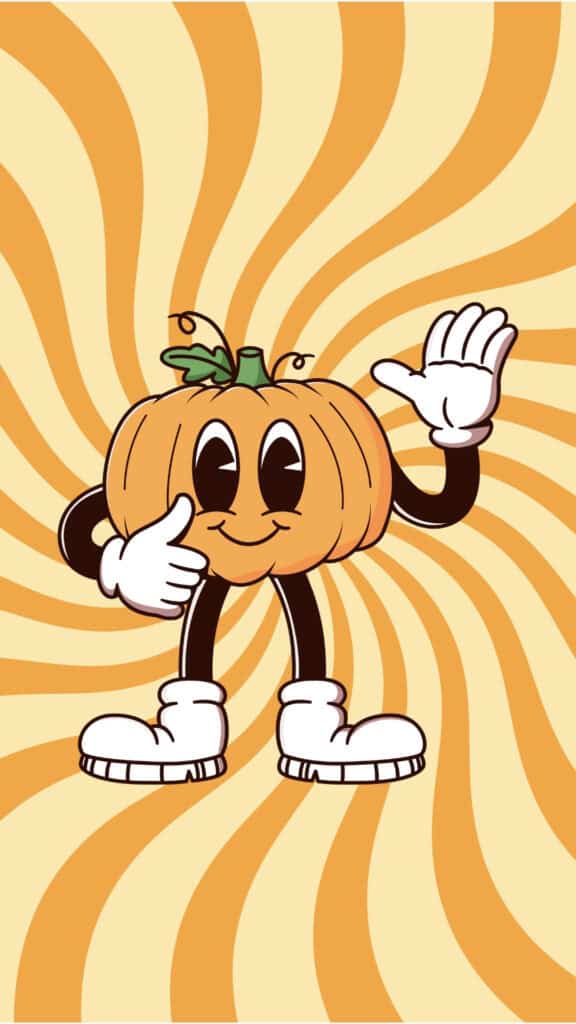 retro cartoon pumpkin character posing on an orange groovy swirl wallpaper