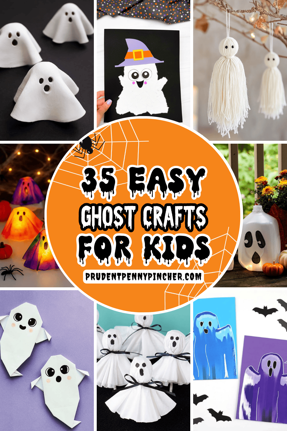 A collage of easy Halloween ghost crafts for kids, including yarn ghosts, paper crafts, glowing ghost decorations, origami ghosts, and recycled craft ideas.