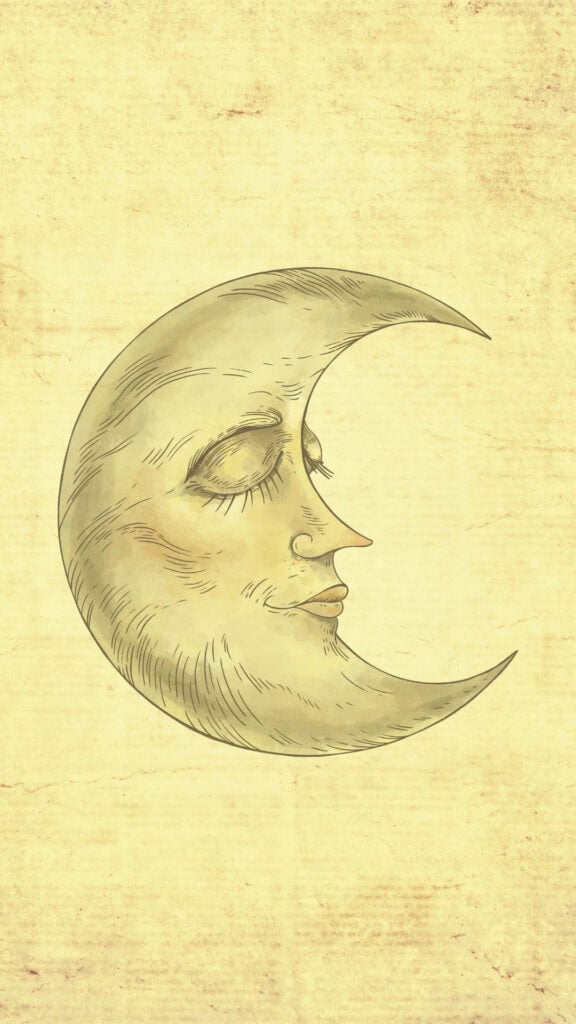 Antique crescent moon face illustration on an aged yellow background