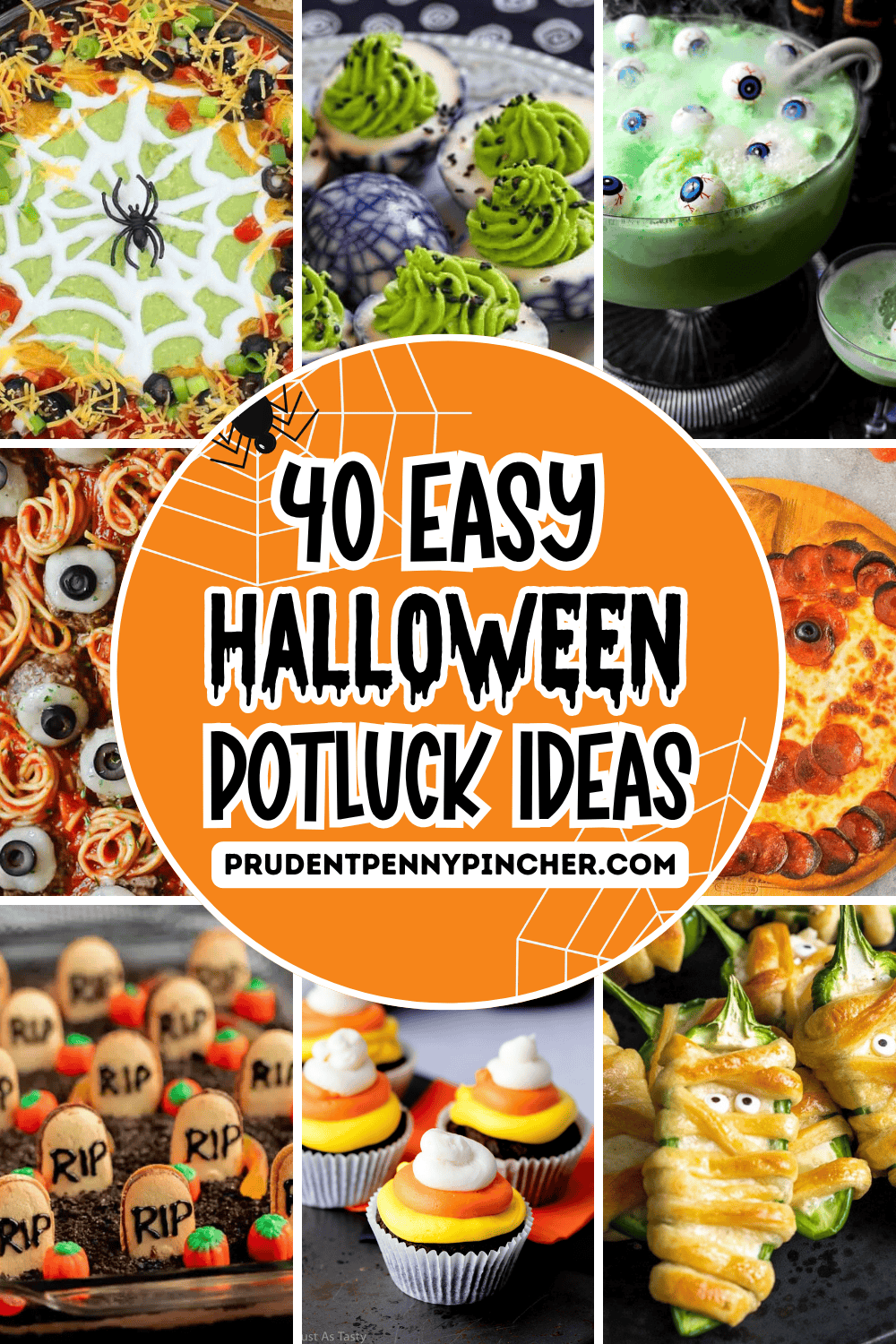 A collage of spooky Halloween potluck ideas, including taco dip, deviled eggs, punch, spaghetti, pizza, graveyard dessert, cupcakes, and mummy jalapeño poppers.