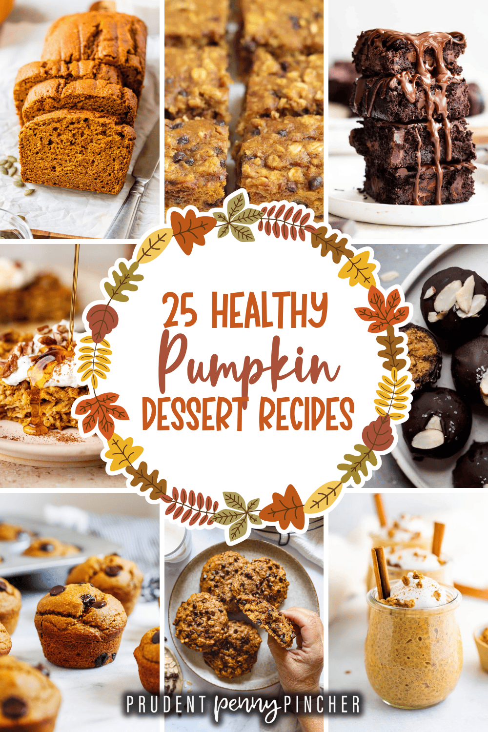 Collage of healthy pumpkin dessert recipes, including pumpkin bread, bars, brownies, muffins, cookies, baked oatmeal, and chia pudding.