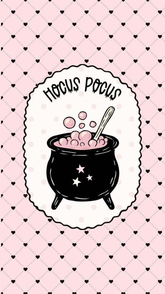 Pink Hocus Pocus cauldron illustration on a retro argyle background