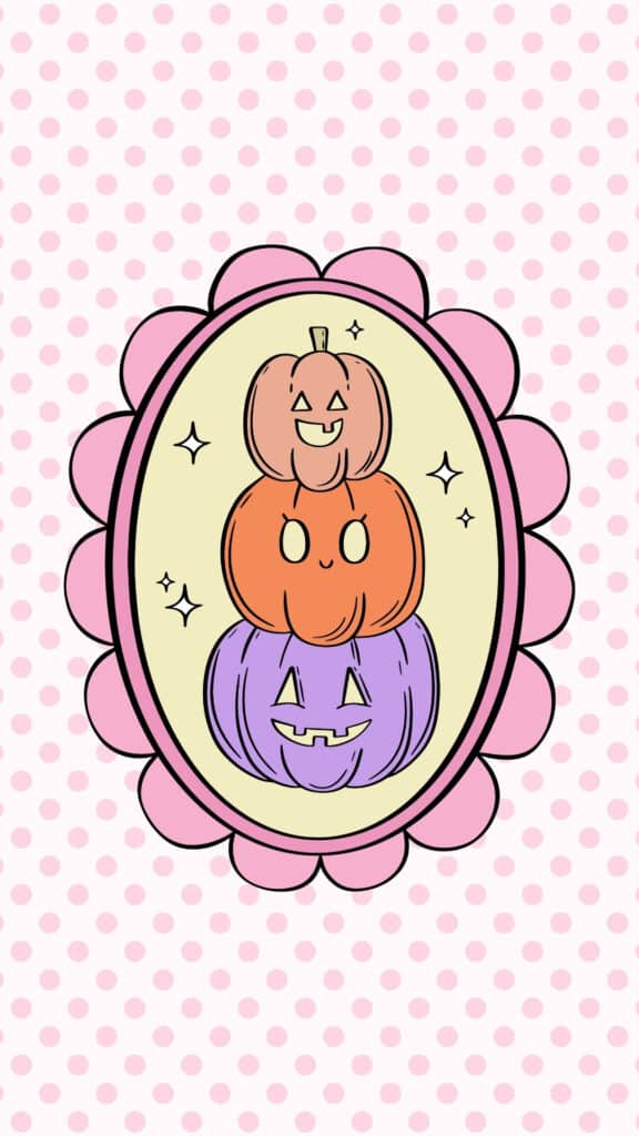 Pastel stacked jack-o-lanterns framed by a pink flower retro halloween wallpaper