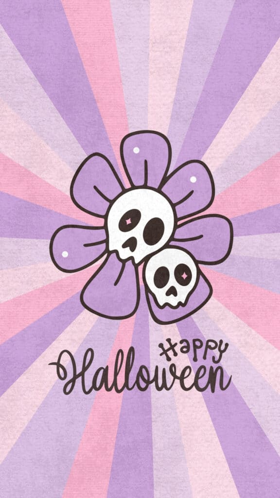 Purple flower with skull centers on a pink retro sunburst
