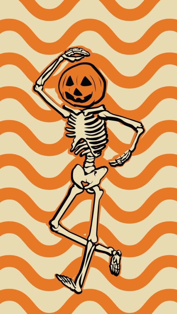 Dancing pumpkin-head skeleton on an orange wavy retro halloween wallpaper