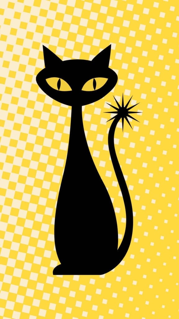 Mid-century black cat on a yellow retro checkerboard background