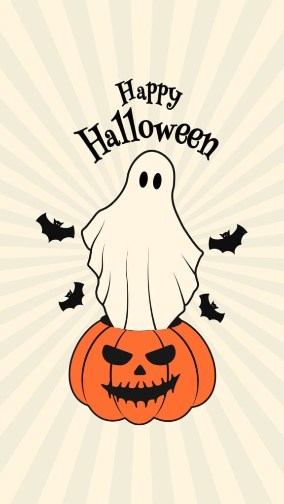 Retro ghost sitting on a jack-o-lantern surrounded by bats