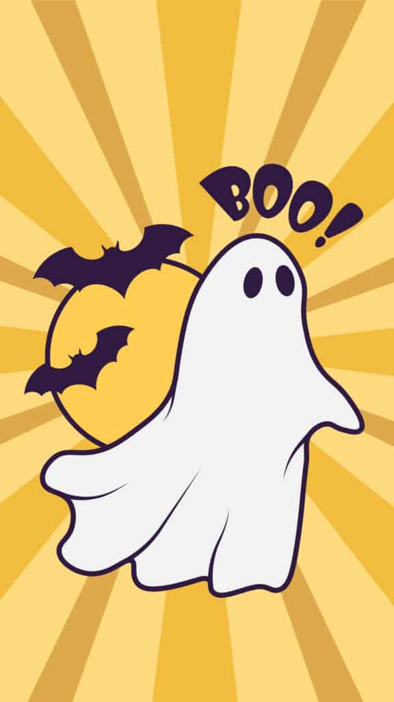 Retro ghost with bats on a yellow Halloween sunburst wallpaper