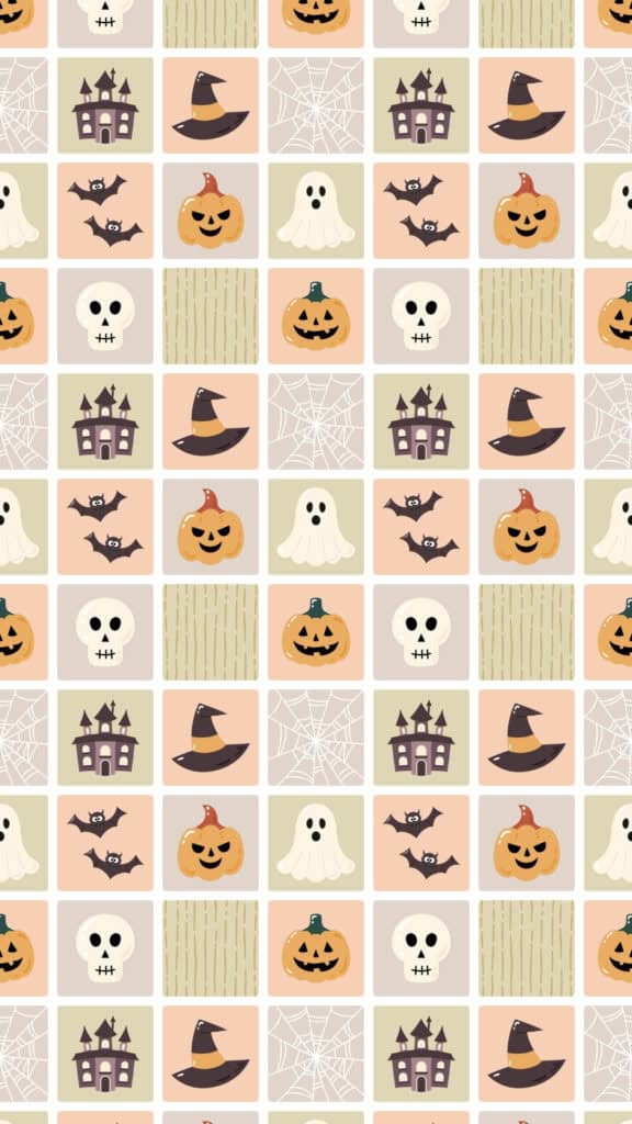 Retro Halloween pattern wallpaper with ghosts, pumpkins, bats, skulls and witch hats