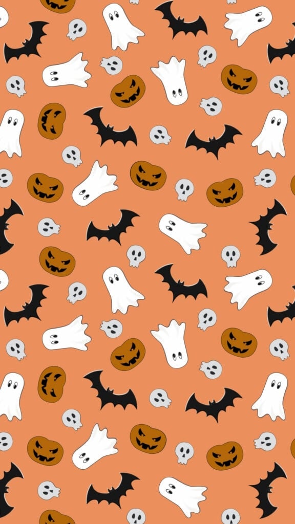 Repeating Halloween pattern with ghosts, bats, pumpkins and skulls