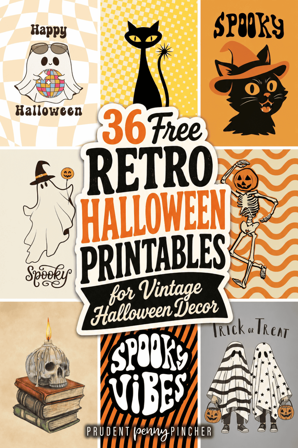 A collage of retro Halloween printables featuring ghosts, black cats, skeletons, skulls, and vintage artwork