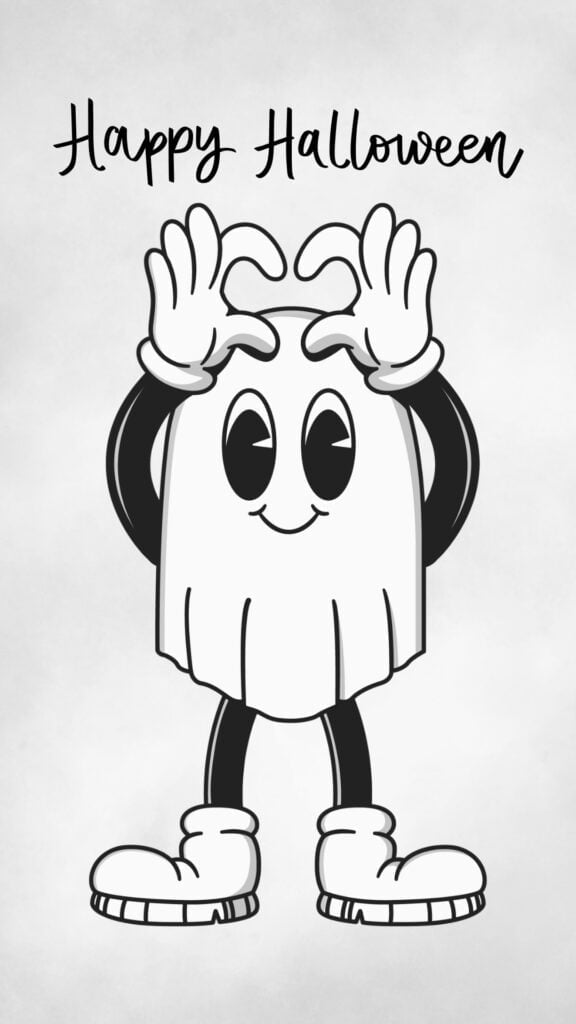 Black and white retro ghost character with Happy Halloween lettering wallpaper