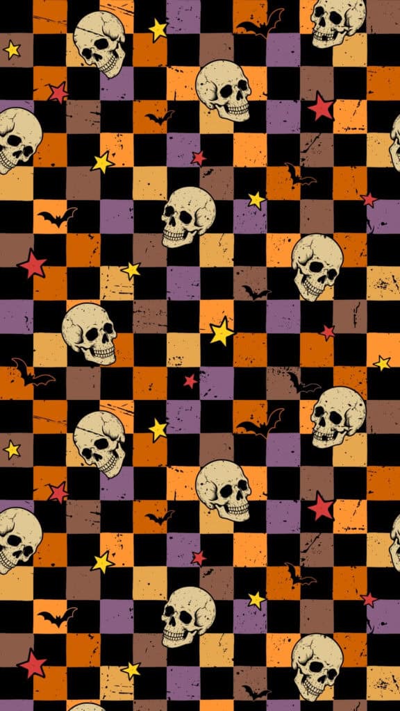 Skulls, bats and stars on a distressed Halloween checkerboard pattern
