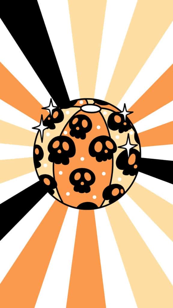 Orange pumpkin covered in black skulls over a retro sunburst halloween wallpaper