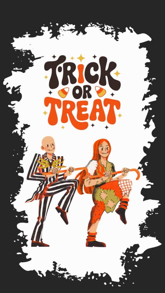 Retro Trick or Treat illustration with two dancing Halloween characters