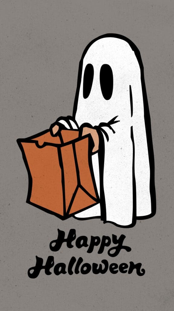 Retro white ghost carrying an orange trick-or-treat bag halloween wallpaper