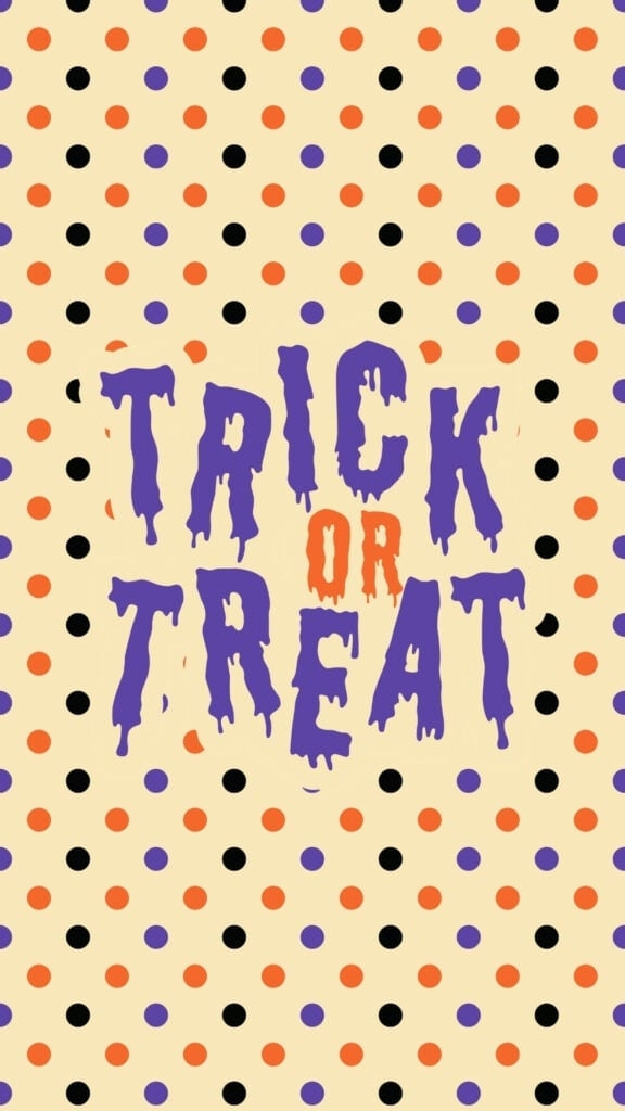 Purple Trick or Treat lettering over orange, black and purple polka dots