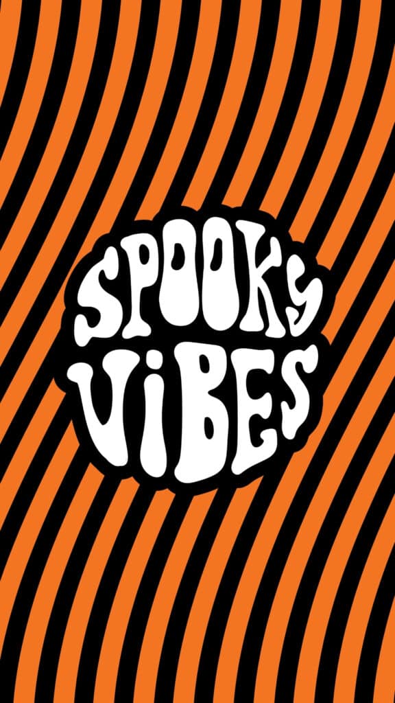 Spooky Vibes lettering over orange and black wavy retro stripes