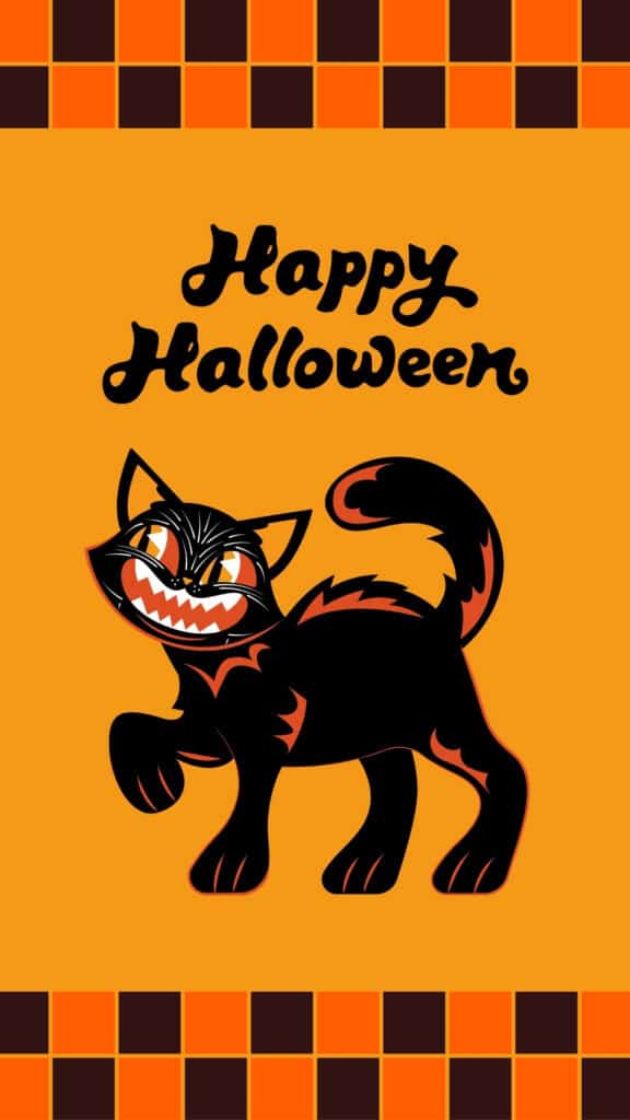 retro scary black cat with Happy Halloween lettering and checkerboard trim wallpaper