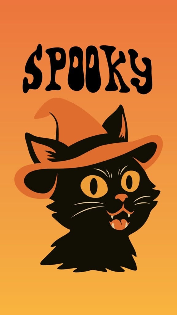 Spooky black cat wearing a witch hat on an orange retro halloween wallpaper